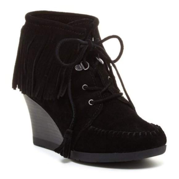 Minnetonka - Black Lace-Up Fringe Wedge Booties - Picture 1 of 8